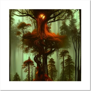 Magical Cottage Tree House with Lights in Forest, Scenery Nature Posters and Art